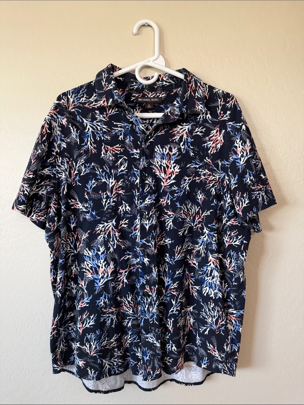 Michael Kors Navy Short-Sleeve Button-Down Shirt with Blue & Pink Coral Print